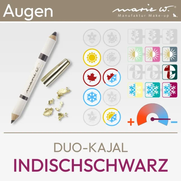 Image de produit pour le duo kajal noir indien de la marque marie w. comprenant une image de produit et un aperçu des symboles Komood, avec quels types de couleurs du système des 10 types de couleurs et des 12 types de couleurs ce duo kajal convient particulièrement bien en termes de couleur. Produit de la boutique komood.shop.