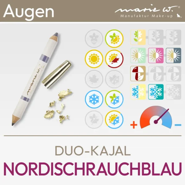 Product image for the Nordic blue duo kajal from marie w. consisting of a product image and an overview of komood symbols to which colour types from the 10-colour type and 12-colour type system this duo kajal matches particularly well in terms of colour. Product from the komood.shop.