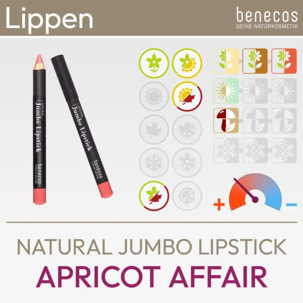 Produktbild für den Natural Jumbo Lippenstift Apricot Affair der Marke benecos bestehend aus einer Produktabbildung und einer Übersicht aus Komood-Symbolen, welche die passenden Farbtypen aus dem 10-Farbtypen-System und aus dem 12-Farbtypen-System für diesen Lippenstift darstellt. Produkt aus dem komood.shop.