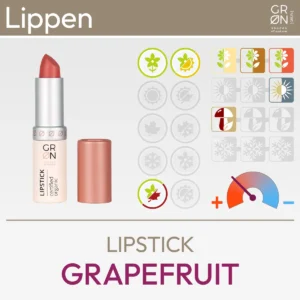 Product presentation for the lipstick Grapefruit of the brand GRN [GRÜN] consisting of a product image and an overview of Komood symbols, for which colour types from the 10-colour type system and from the 12-colour type system this lipstick is particularly suitable in terms of colour. Product from the komood.shop.