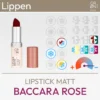 Produktdarstellung für den Lipstick Matt Baccara Rose der Marke GRN [GRÜN] bestehend aus einem Produktbild und einer Übersicht aus Komood-Symbolen, für welche Farbtypen aus dem 10-Farbtypen-System und aus dem 12-Farbtypen-System dieser Lipstick Matt farblich besonders gut geeignet ist. Produkt aus dem komood.shop.