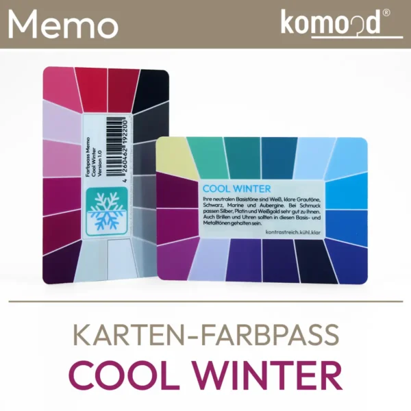 Pasaporte de colores para el invierno frío - carta de colores de la serie Memo con 32 campos de color de la paleta de colores del invierno frío - alto contraste, frío, claro