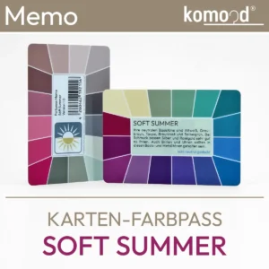 Paszport kolorów Soft Summer - karta kolorów z serii Memo z 32 polami kolorów z palety Soft Summer - chłodne, neutralne, stonowane.