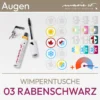 Productafbeelding voor de mascara 03 raven black van het merk marie w. bestaande uit een productafbeelding en een overzicht van komood symbolen bij welke kleurtypes uit het 10-kleuren type en 12-kleuren type systeem deze mascara bijzonder goed past qua kleur. Product uit de komood.shop.