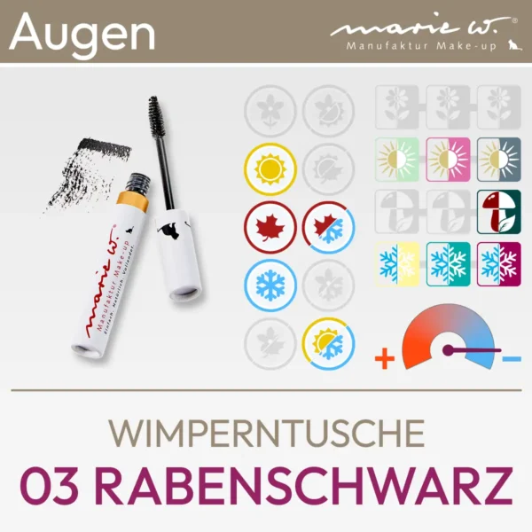 Productafbeelding voor de mascara 03 raven black van het merk marie w. bestaande uit een productafbeelding en een overzicht van komood symbolen bij welke kleurtypes uit het 10-kleuren type en 12-kleuren type systeem deze mascara bijzonder goed past qua kleur. Product uit de komood.shop.