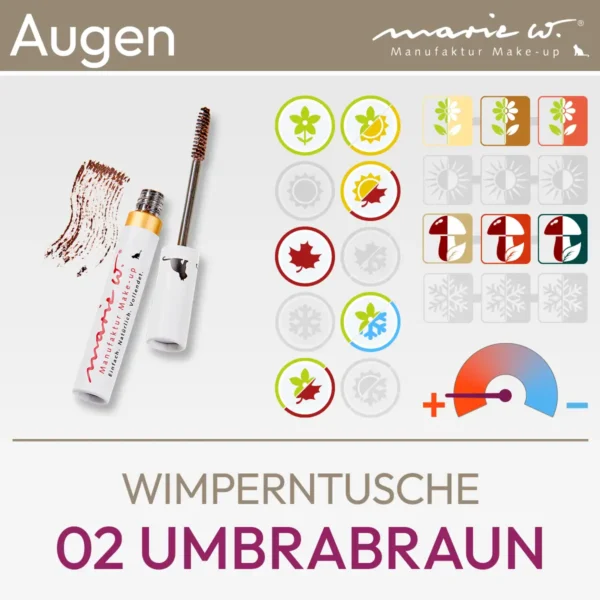Produktabbildung für die Wimperntusche 02 Umbrabraun der Marke marie w. bestehend aus einem Produktbild und einer Übersicht aus Komood-Symbolen, zu welchen Farbtypen aus dem 10-Farbtypen- und 12-Farbtypen-System diese Wimperntusche farblich besonders gut passt. Produkt aus dem komood.shop.